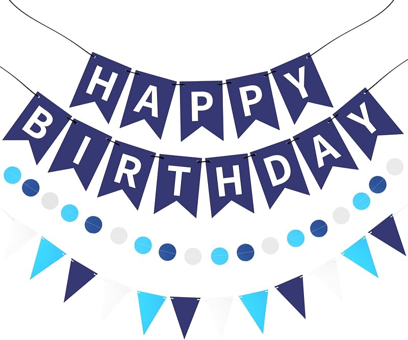 Pancarta azul de feliz cumpleaños, decoraciones de feliz cumpleaños, cartel de cumpleaños colgante, banderines triangulares con puntos circulares para mujeres, hombres, niñas y niños, suministros para fiestas