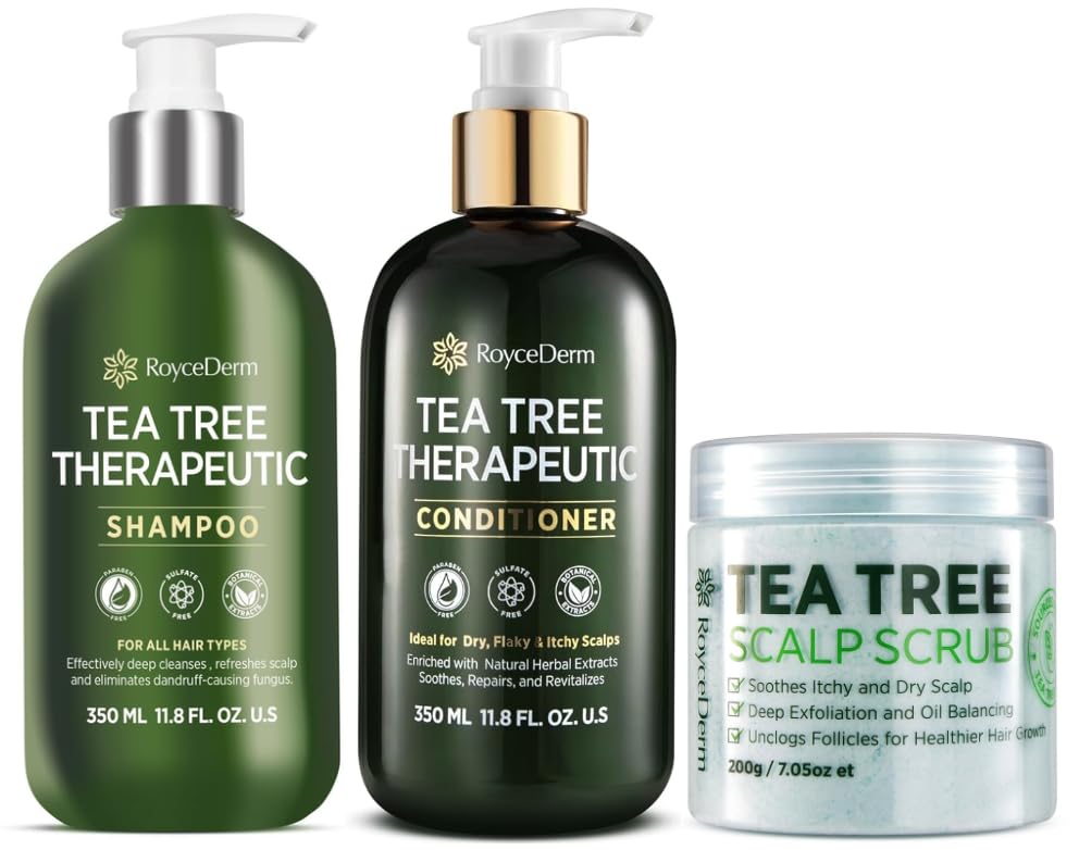Roycederm Tea Tree - Juego de cuidado del cuero cabelludo antifúngico - Exfoliante prechampú + champú antifúngico de árbol de té + acondicionador