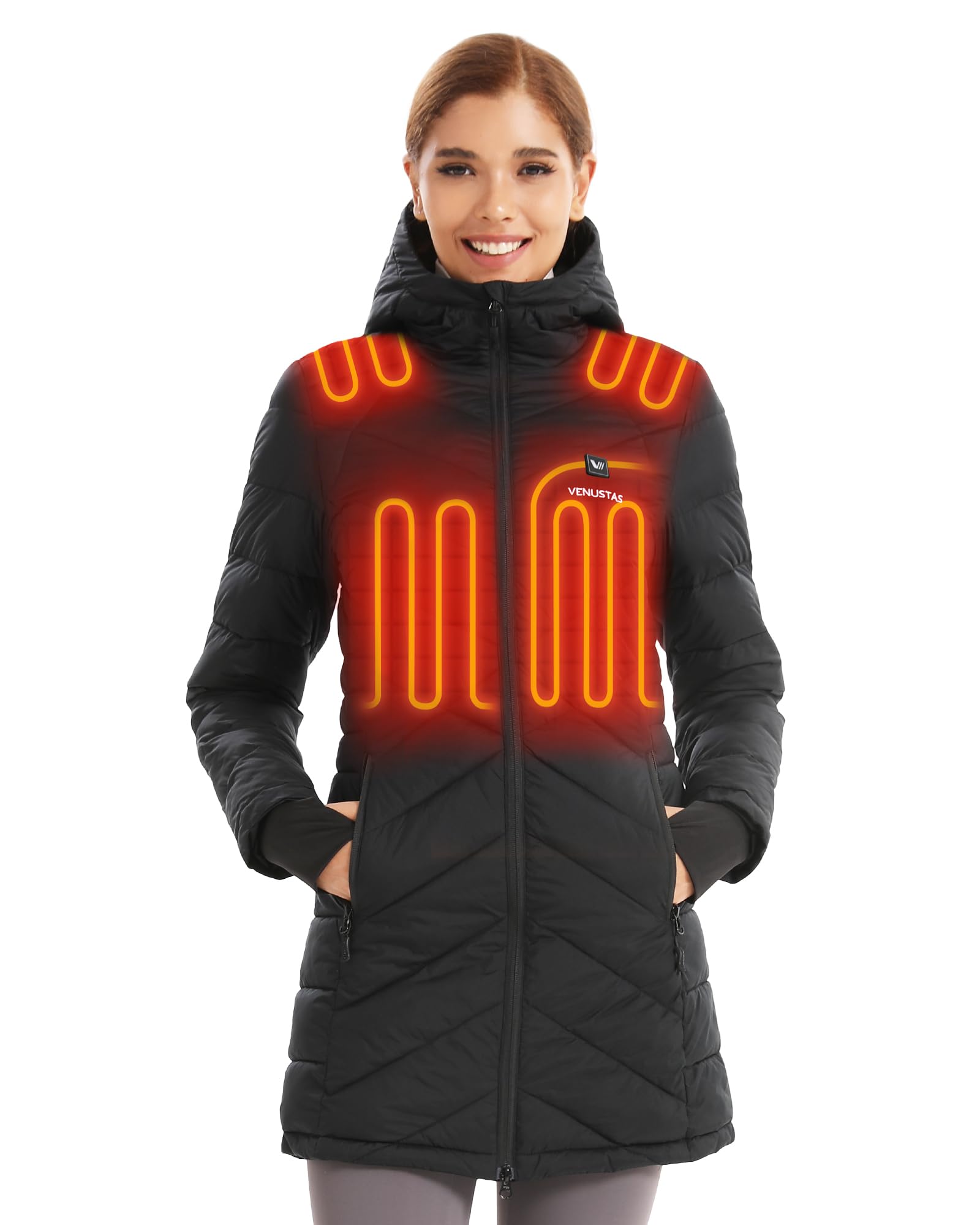 Venustas Women‘s Long Heated Jacket with Battery Pack, 100% Recycled Quilted Electric Puffer Winter Coat with Hood