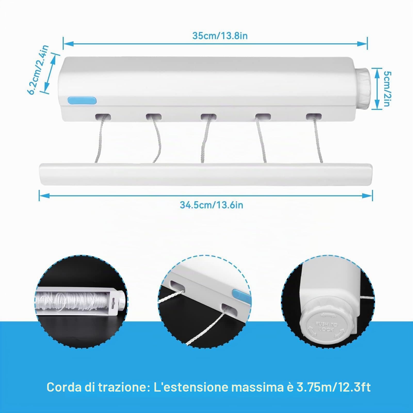 HERCHR Plastica Corda da bucato riavvolgibile, Plastica Stendibiancheria da Parete Salvaspazio con 5 Robusti Fili Estraibili, Appendiabiti Portatile con Corda Regolabile per Interni ed Esterni
