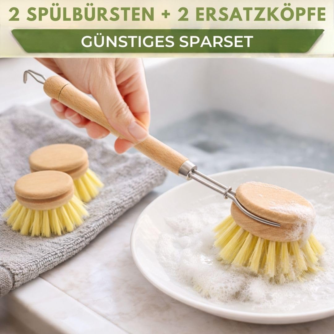 Cepillo de madera para platos con cabezal intercambiable, juego de 4, 2 cabezales de repuesto de cerdas naturales, cepillo sostenible para platos y cepillo de lavado, cepillo de cocina de madera