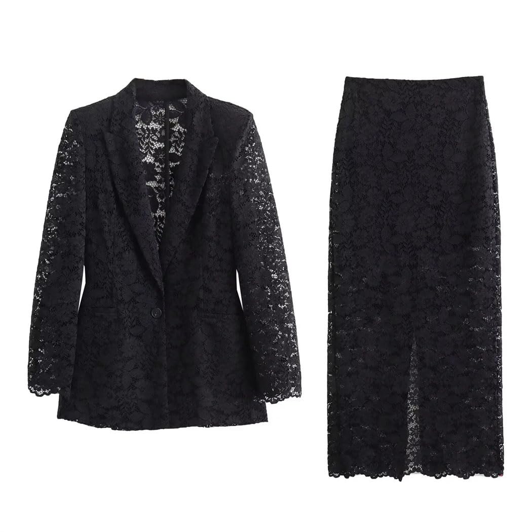 Women Lace Cutout Blazer Shoulder Pad Slim Fit Dress Dinner Party Elegant Two Piece Outfit