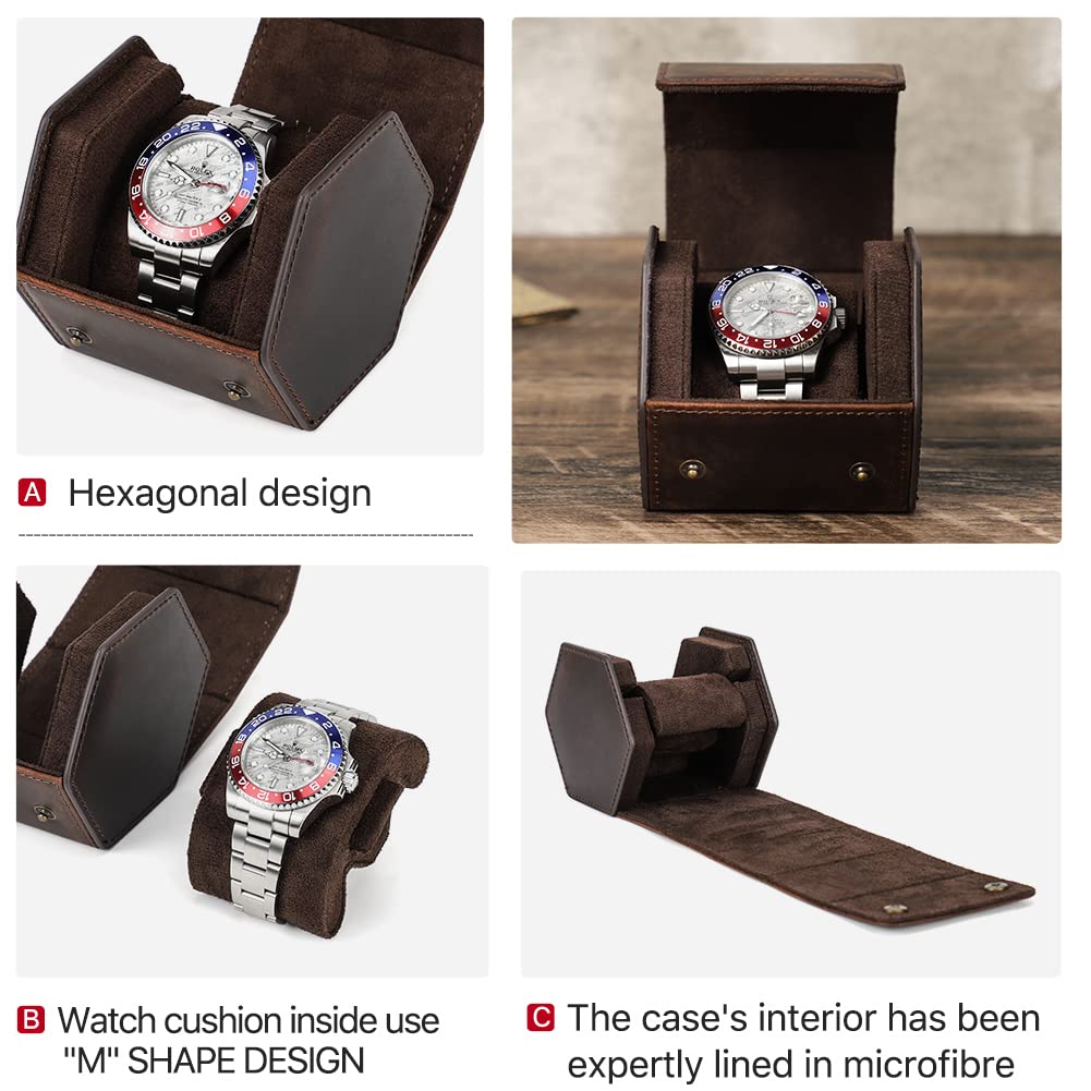 Custodia da Viaggio per Orologi Hiram in Vera Pelle, Esagonale, 1 Astuccio Arrotolabile per Orologi, Scatola Organizer Protettiva per Orologi