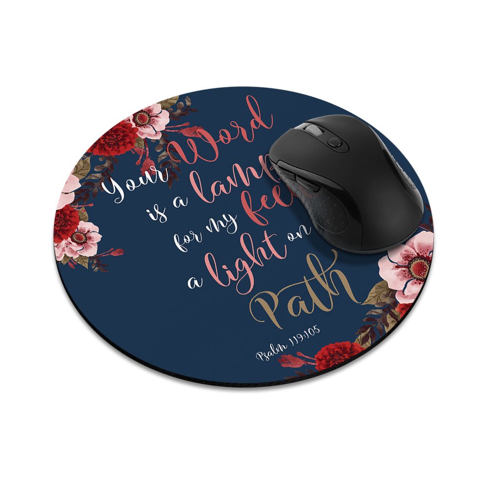Non-Slip Round Mousepad, FINCIBO Christian Bible Verses Psalm 119:105 Mouse Pad for Home, Office and Gaming Desk