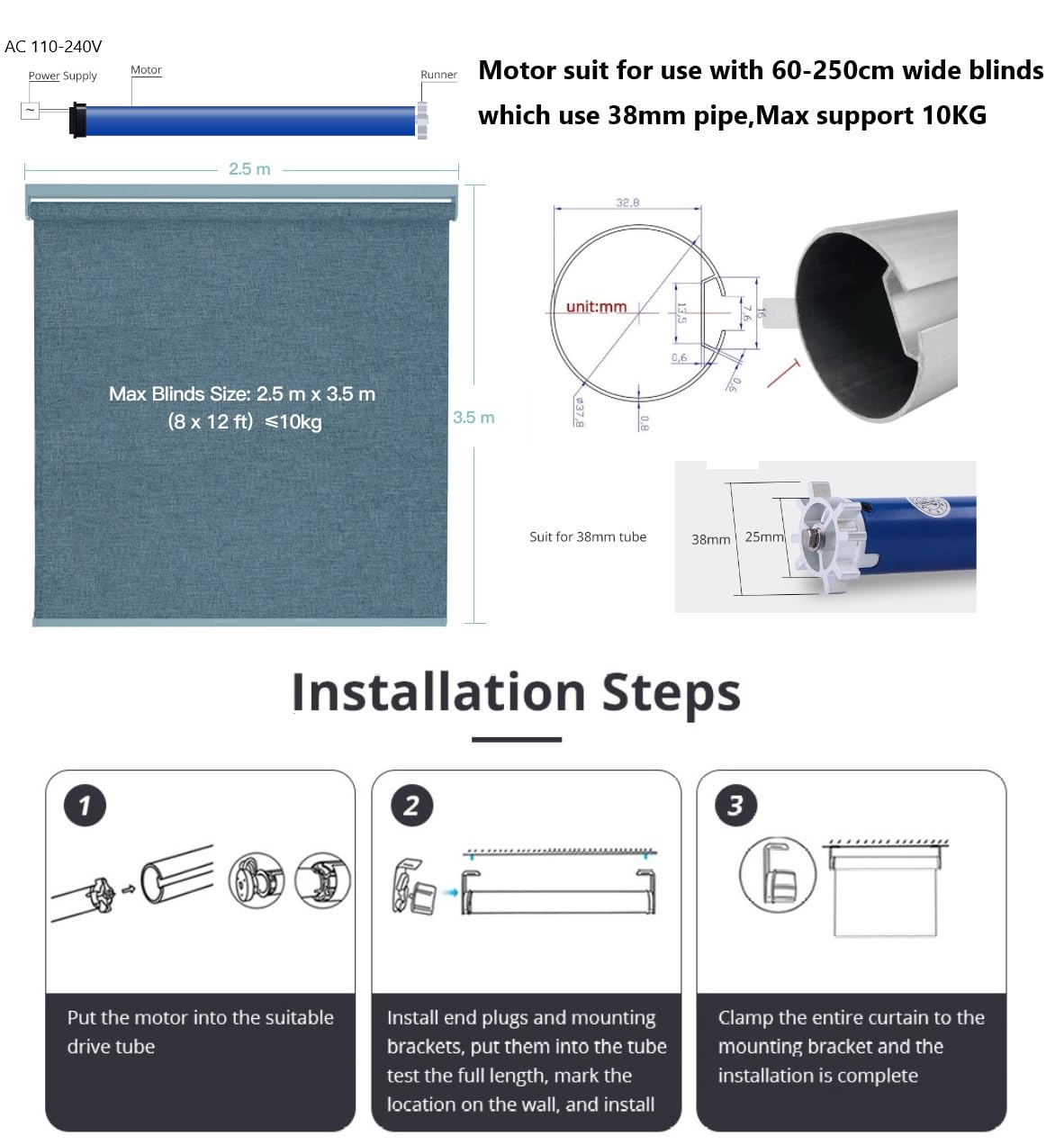zemismart WiFi Motorizzato Tende a Rullo Motore per Tubo da 38 MM 2Nm Motore Tubolare per Otturatore Max 10 KG Blind Smart Life/Timer APP Tuya,Controllo Vocale Alexa Echo Telecomando (10)