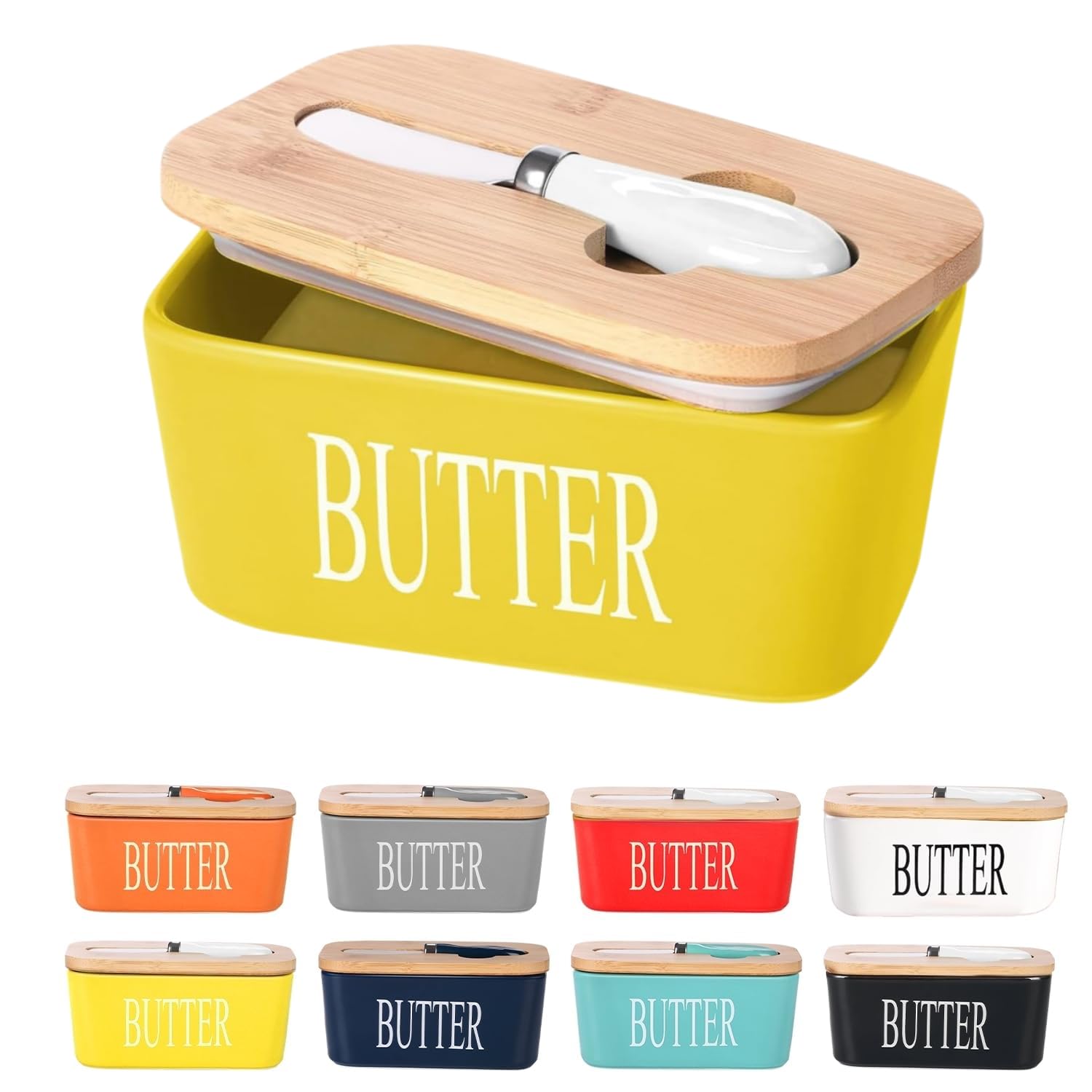 Porcelain Butter Dish, European Size Ceramic Butter Container with Wooden Lid, Butter Container with High Quality Silicone Seal, Perfect for Butter, Nuts, Cheese, 650ml (Yellow)