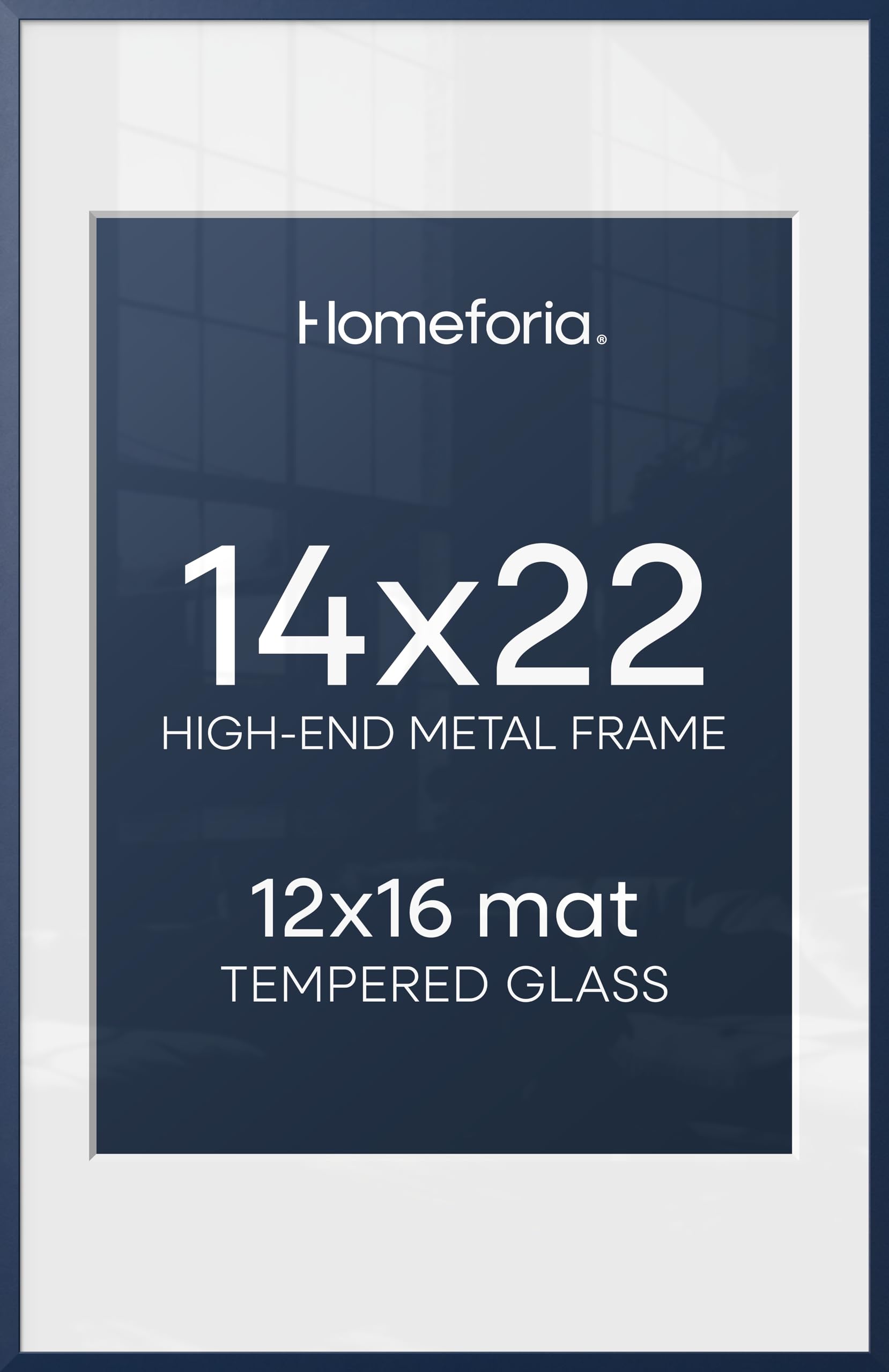 Homeforia 14x22 Blue Picture Frame, High-End Metal, 12x16 Mat, Glass | High End Aluminum, Tempered Glass, Acid-Free 12x16 Removable Mat, 14x22 in Edge-to-Edge Display 22x14, Wall Kit, Set Of 1