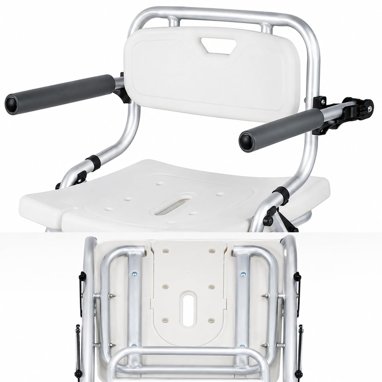 Silla de ducha plegable con ruedas, reposabrazos y reposapiés