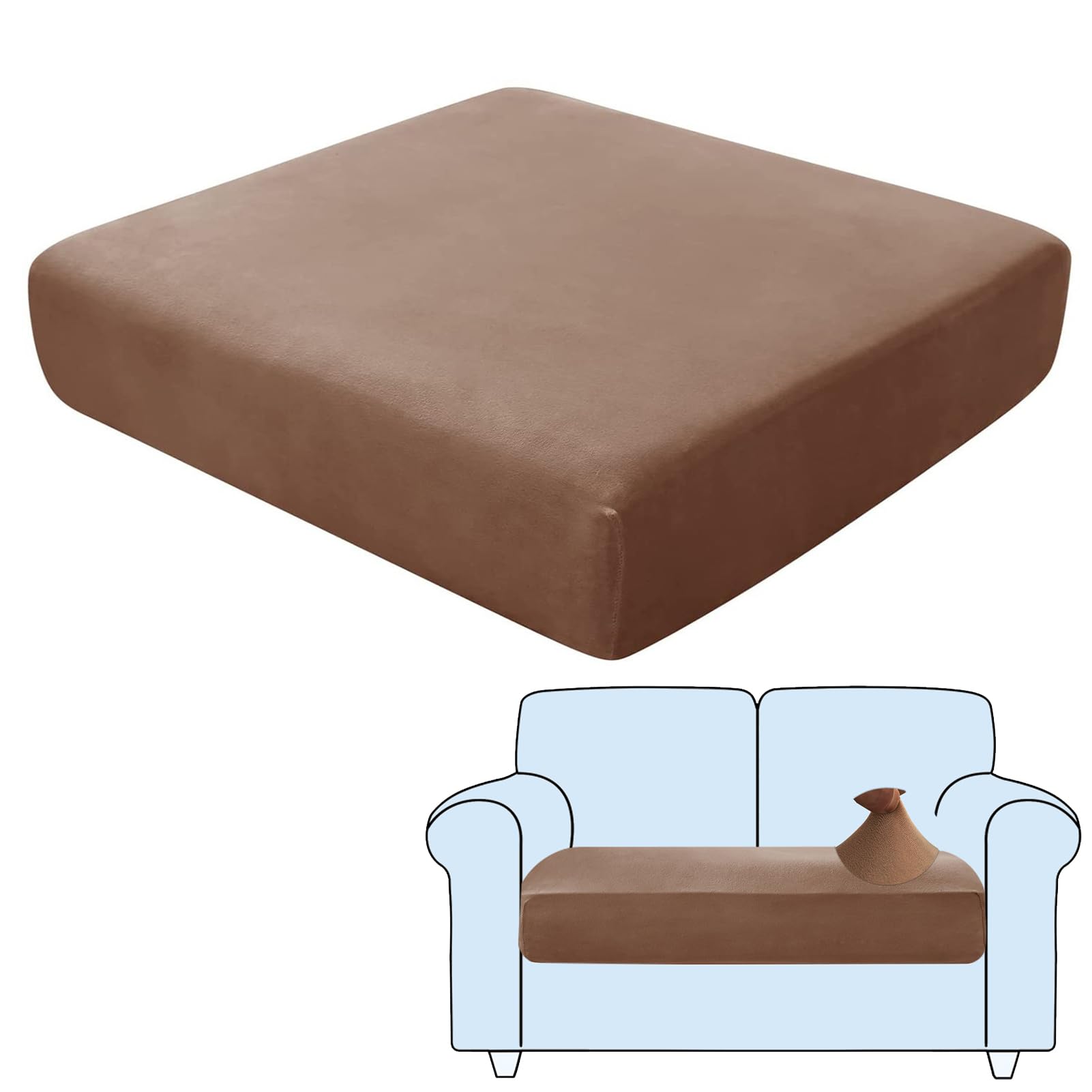 SHUOJIA Sofa Seat Cushion Covers, Stretch Velvet Sofa Cover, Non-Slip Couch Cushion Covers Replacement for Individual Cushion,with Elastic Fabric,Machine Washable (Brown,2-Seater)