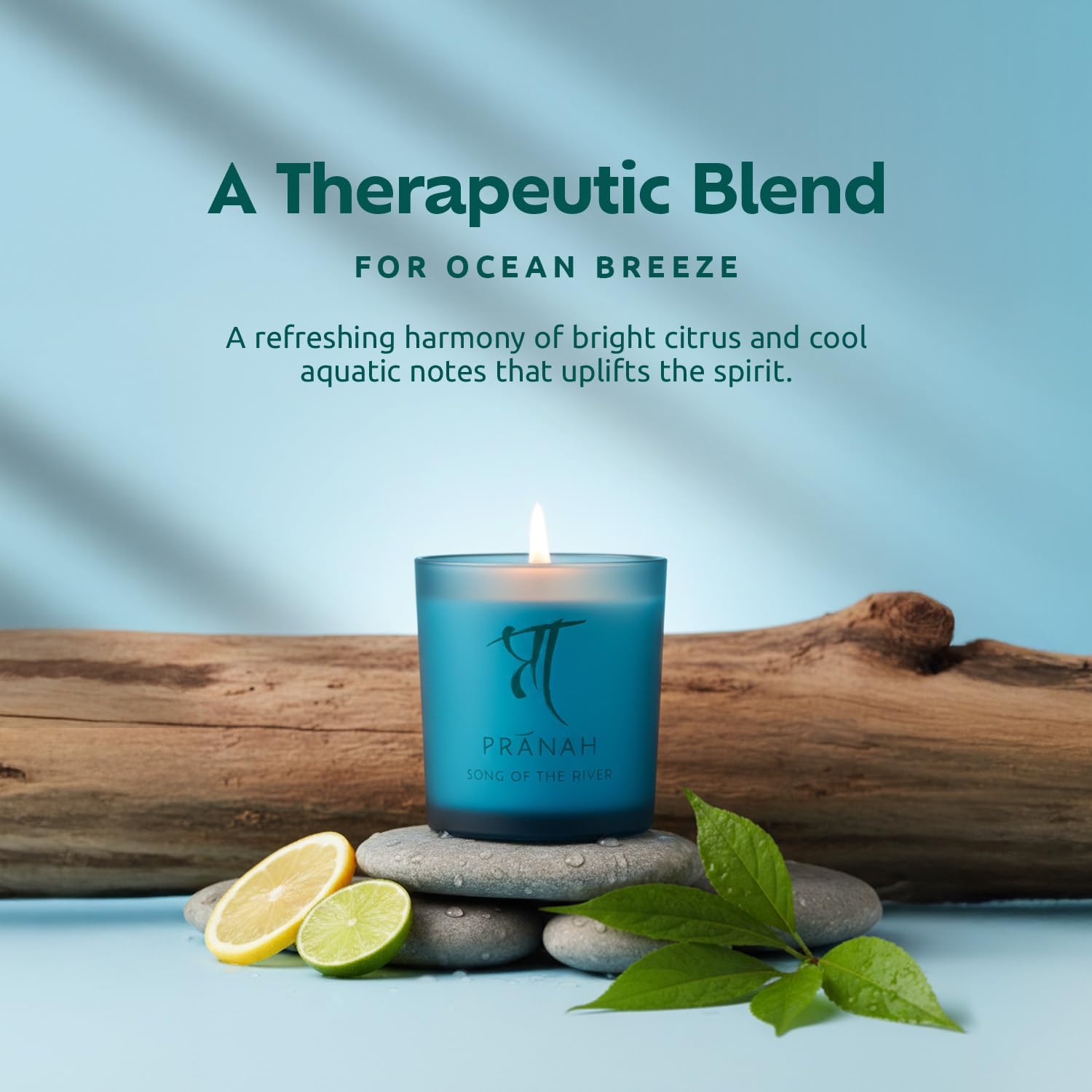 Pranah Senses Song of the River Scented Candles Vegan Lead Free Wick Infused with Essential Oil Citrus Crisp Sea Breeze Meditation Energy Boost Aroma Clarity