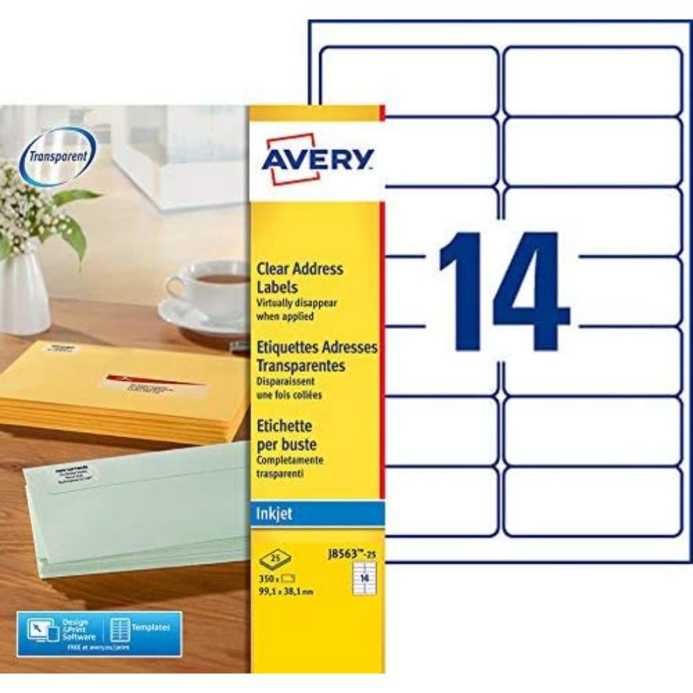 Avery J8563-25 - Etiqueta autoadhesiva (Transparente, 9,91 cm, 3,81 cm, Poliéster) (Importado)