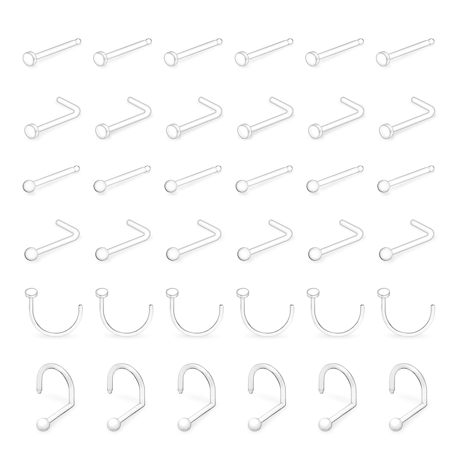 36Pcs 20g Small Clear Nose Studs Rings Retainers for Surgery Work Bioflex Plastic Flexible L Shape Flat Top Nose Corkscrew Nostril Bone Piercing Spacers Jewelry