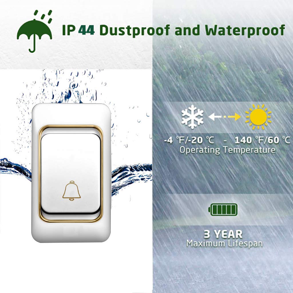 Campanello Wireless Impermeabile IP44, Kit Campanello per Porta a Distanza Ultra Lunga per la casa, 1 Pulsante + 4 ricevitori, 36 suonerie, 4 Livelli di Volume, Nero,Oro