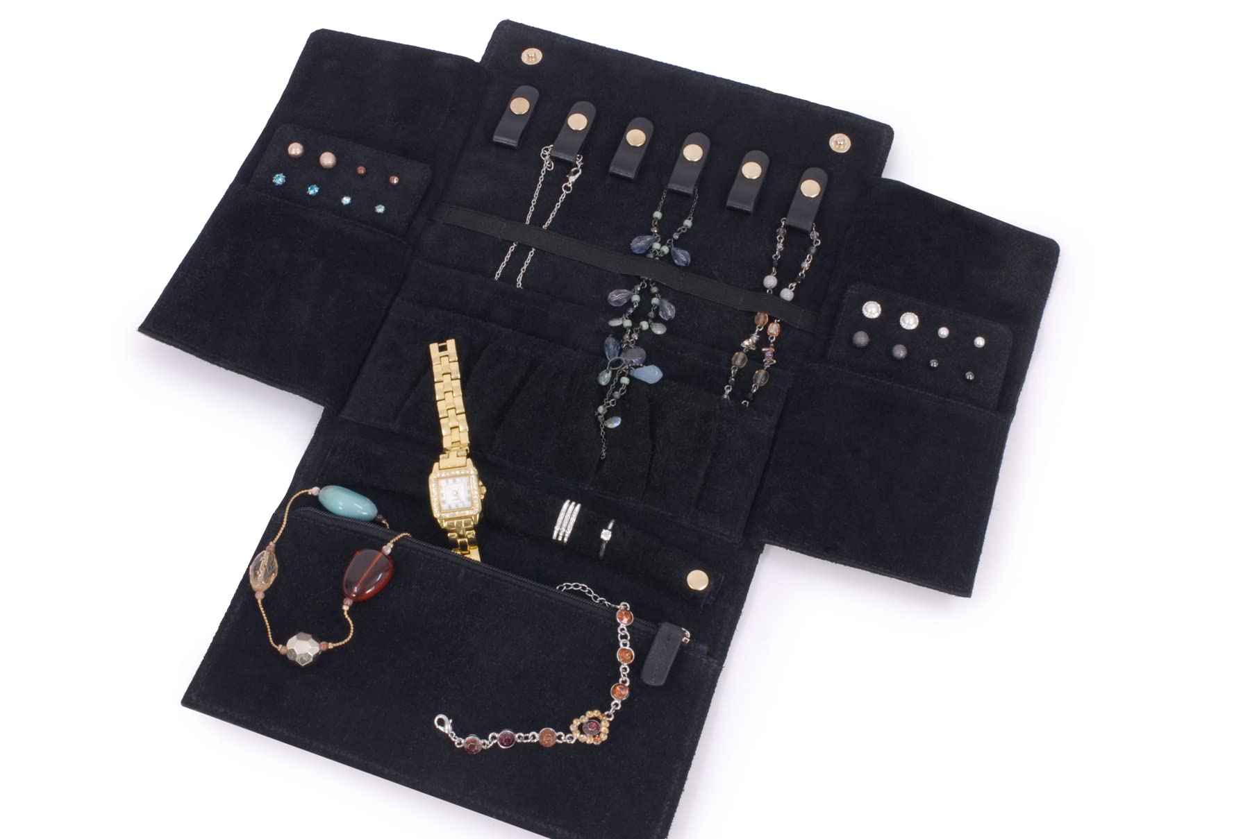 Catwalk Collection Handbags - Pochette Bijoux Voyage - Cuir et Suède - Rouleau Bijoux Femme - Organisateur/Rangement - CHANELLE - Noir