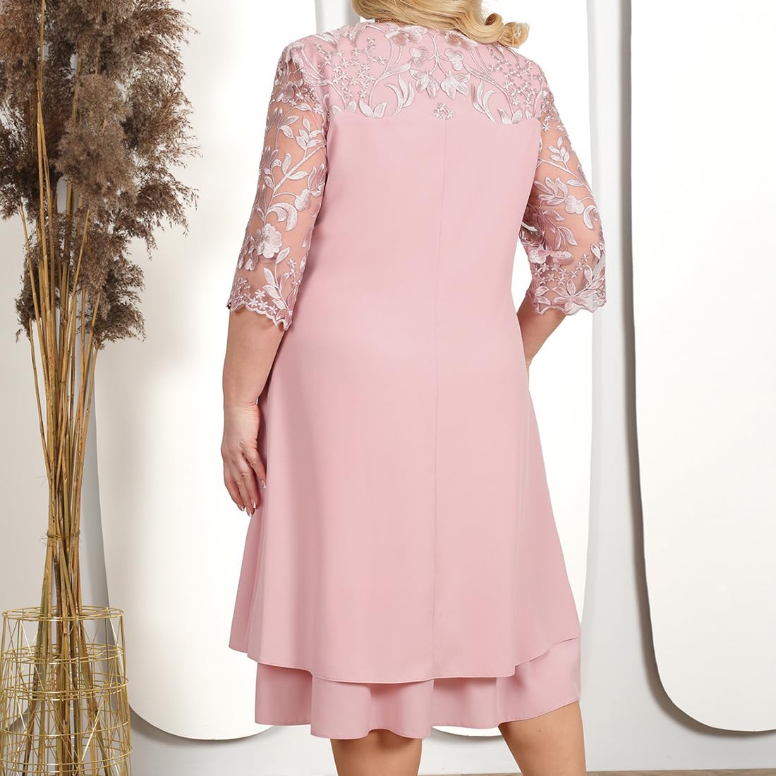 OBEEII Abito da donna in chiffon taglie forti mezza manica girocollo ricamo floreale festa matrimonio ospite cocktail abito UK