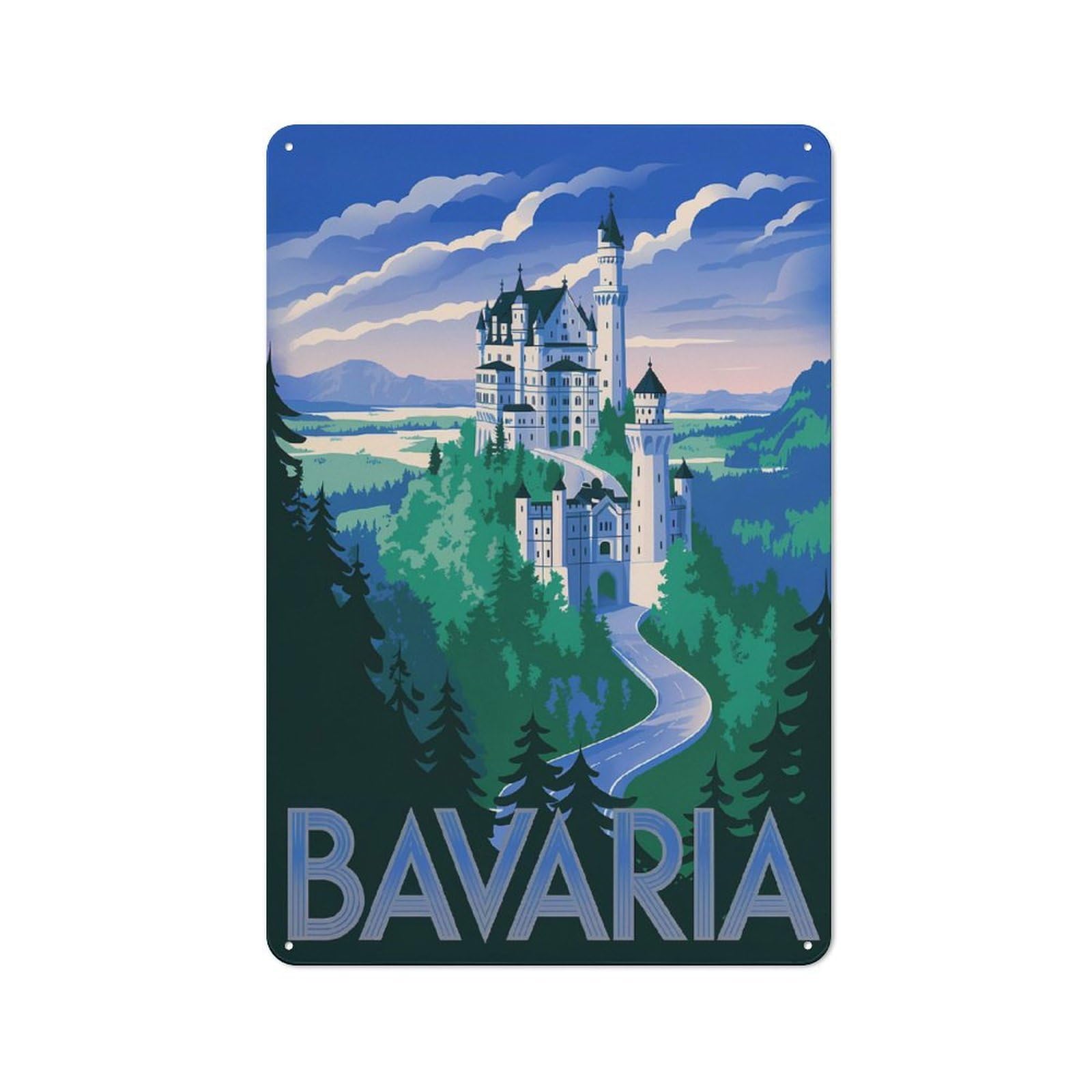 Junmoney Style-3 Bavaria Neuschwanstein Castle Travel Retro Metal Wall Decor 30X20cm, Vintage Metal Sign For Cafe, Pub, Workshop Or Home Bar