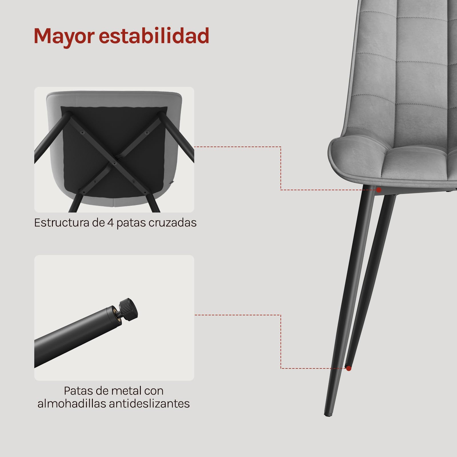 WOLTU Juego de 2 Sillas Comedor Cocina, Terciopelo Patas Metálicas, Carga 150kg, Asiento Antideslizante Cómodo, Uso Hogar Comedor Salón Dormitorio,Gris Claro