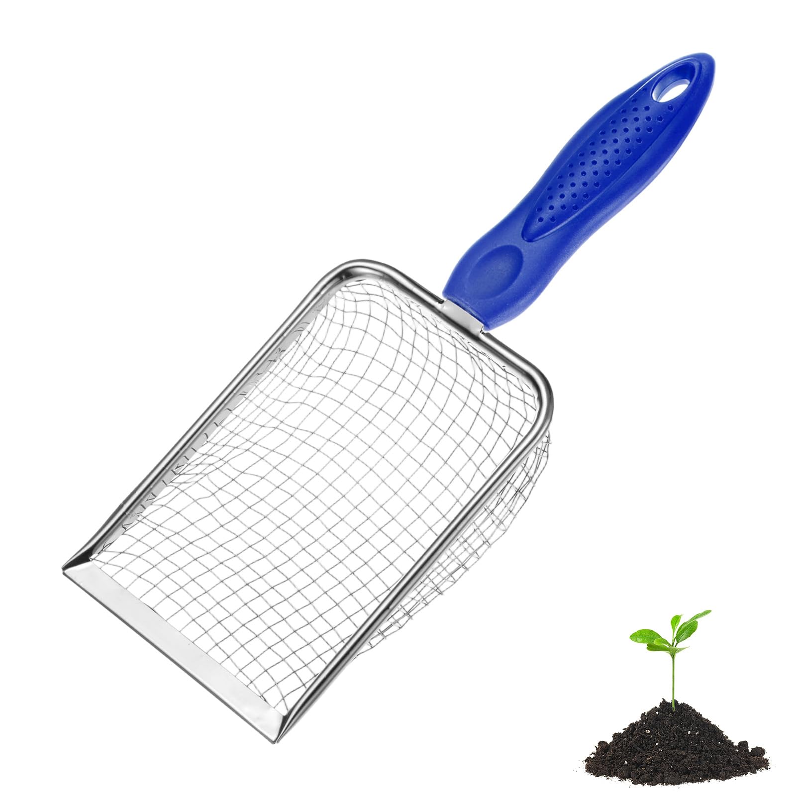 M METERXITY 1-Pack Gardening Soil Sifter, 5 mm Mesh Stainless Steel Portable Gardening Sifter with Non-Slip Handle for Sand/Dirt/Rock/Compost [White, Blue]