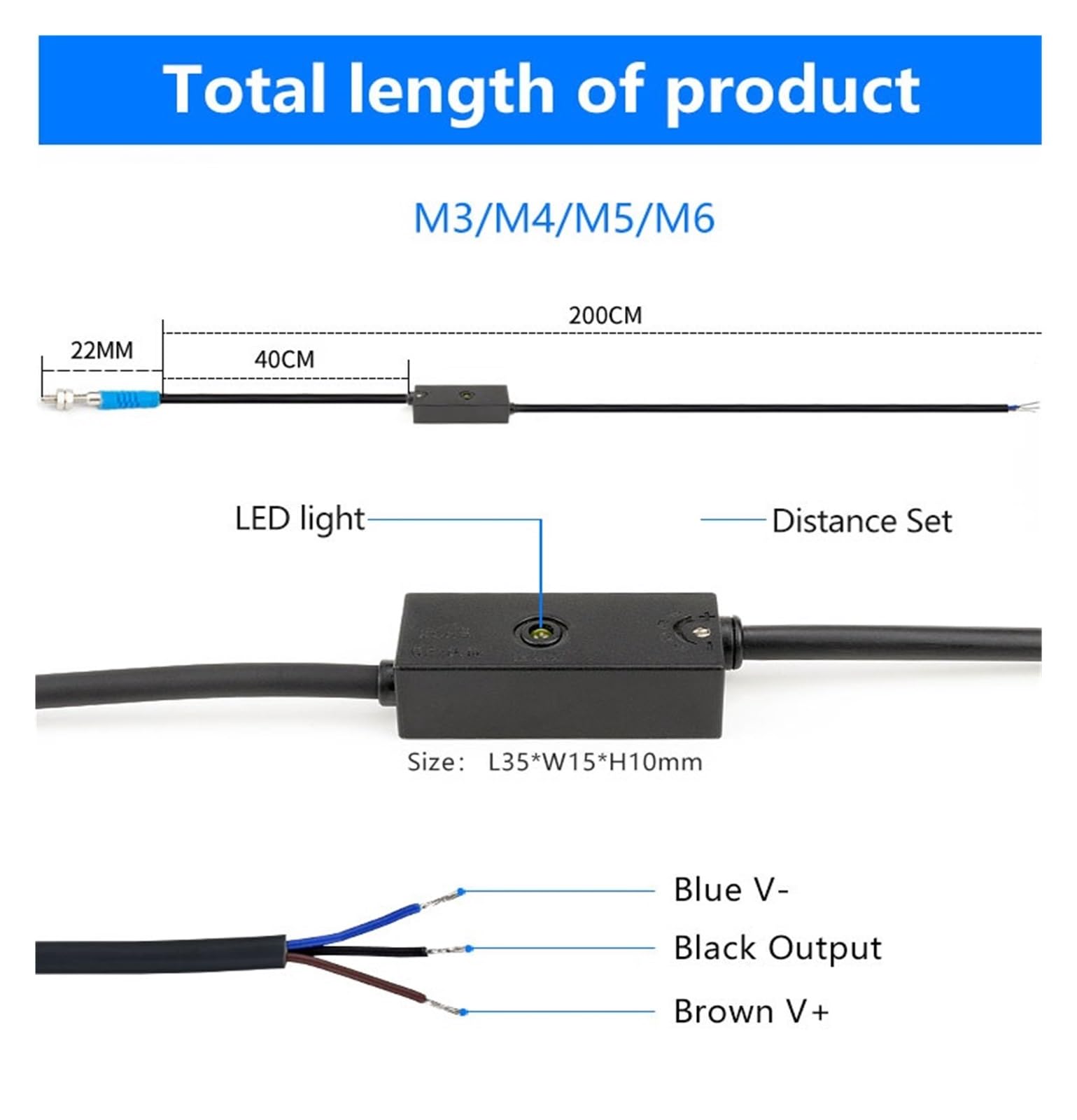 Czujnik optyczny M3 M4 M5 M6 Czujnik fotoelektryczny z regulowanym odbiciem rozproszonym (M4 PNP NO-Sn:50mm regulowany)