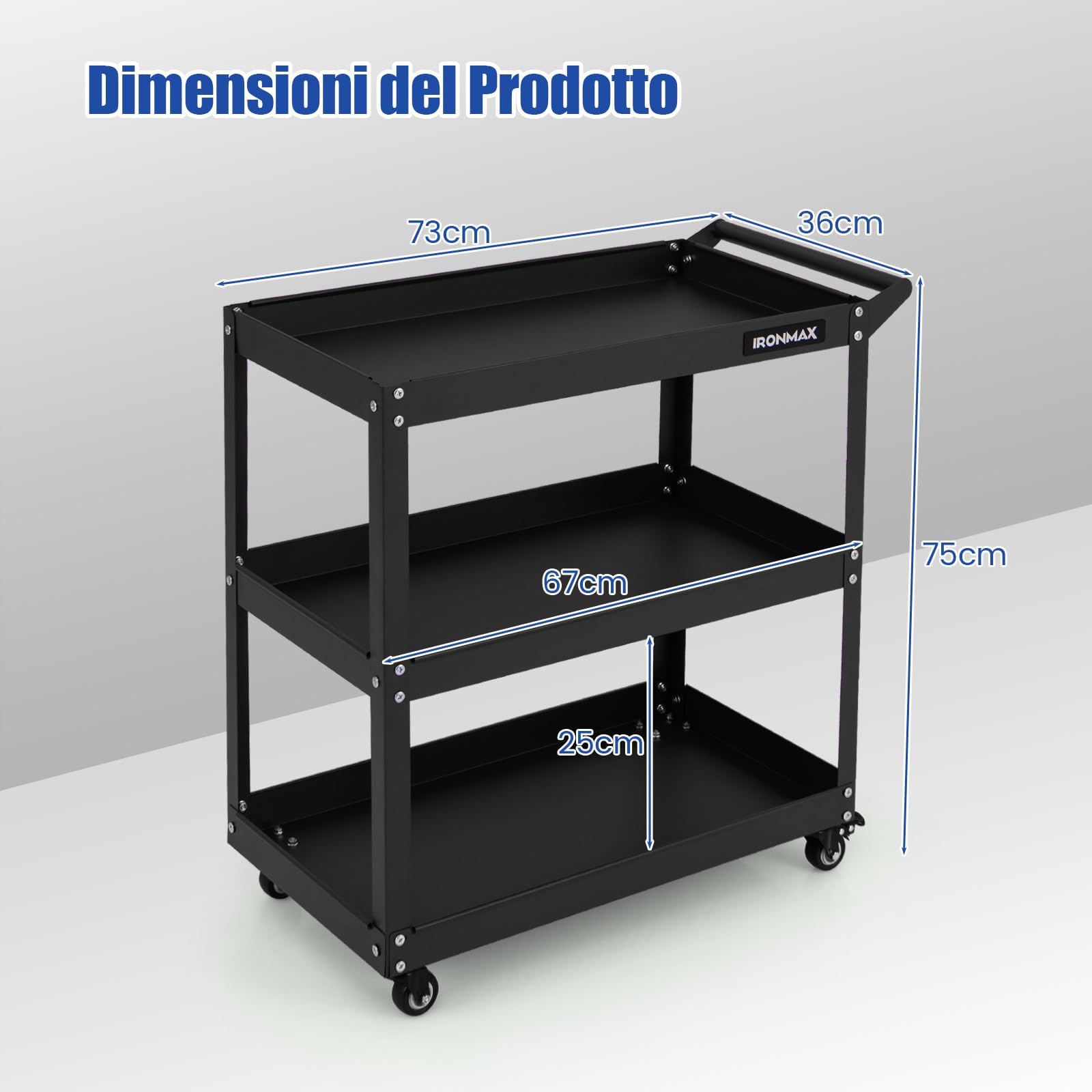 COSTWAY Carrello Portautensili a 3 Livelli, Carrello Metallico Resistente con 3 Ripiani, 4 Ruote Universali con 2 Freni, per Garage, Casa, Magazzino, 73 x 36 x 75 cm (Nero)
