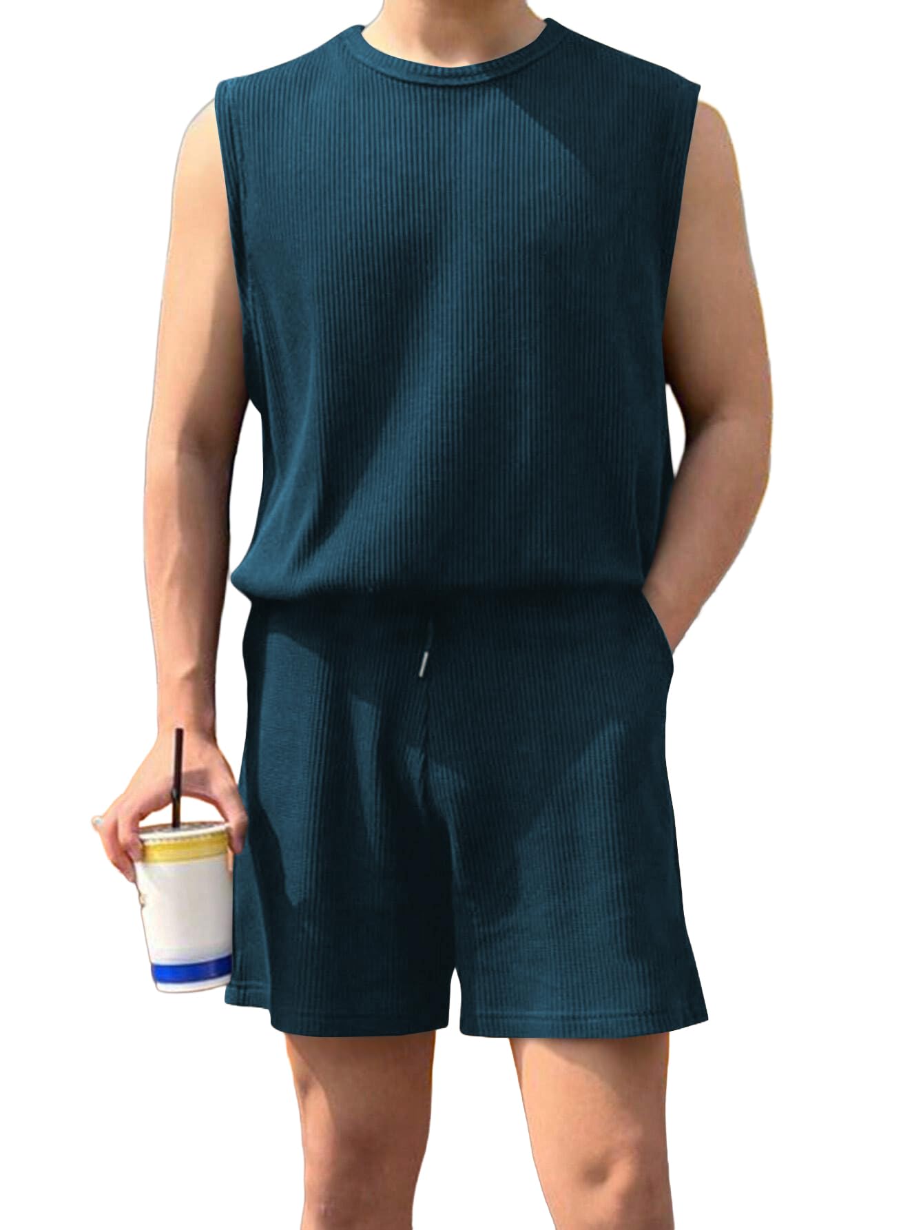 avix Men's Ribbed Sleeveless Tank Top and Shorts Set, Black Cord 2 Piece Casual Outfit-picture-24
