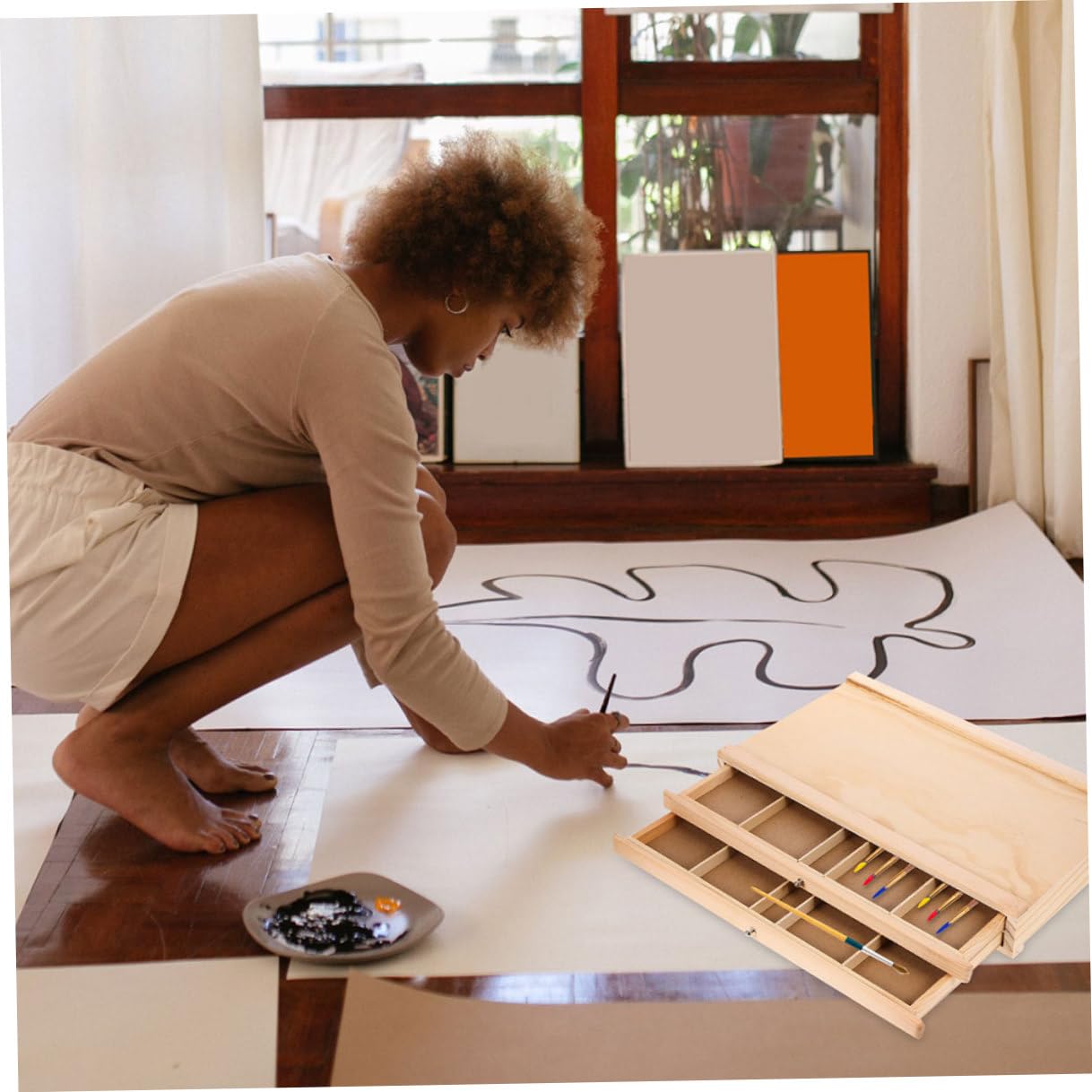 LIFKOME Boîte de Rangement Bois pour Fournitures Artistiques avec Double Portable et Pratique pour Artistes et Étudiants Organise Crayons Pinceaux et Matériel de Dessin