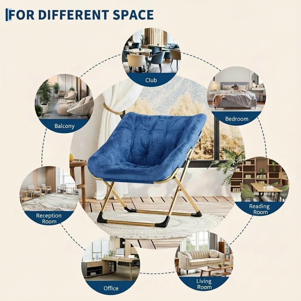 Garvee Silla Plegable Tipo Luna para Adultos, Sillón Lounge Cómodo con Estructura De Acero y Pelo Sintético Suave, Sin Montaje, para Salón, Dormitorio o Apartamento, Azul