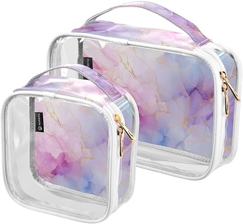 Miniatura 1 de Bolsa de aseo transparente de mármol azul dorado para viajes, paquete de 2 bolsas de cosméticos de maquillaje con cremallera, bolsa de viaje para