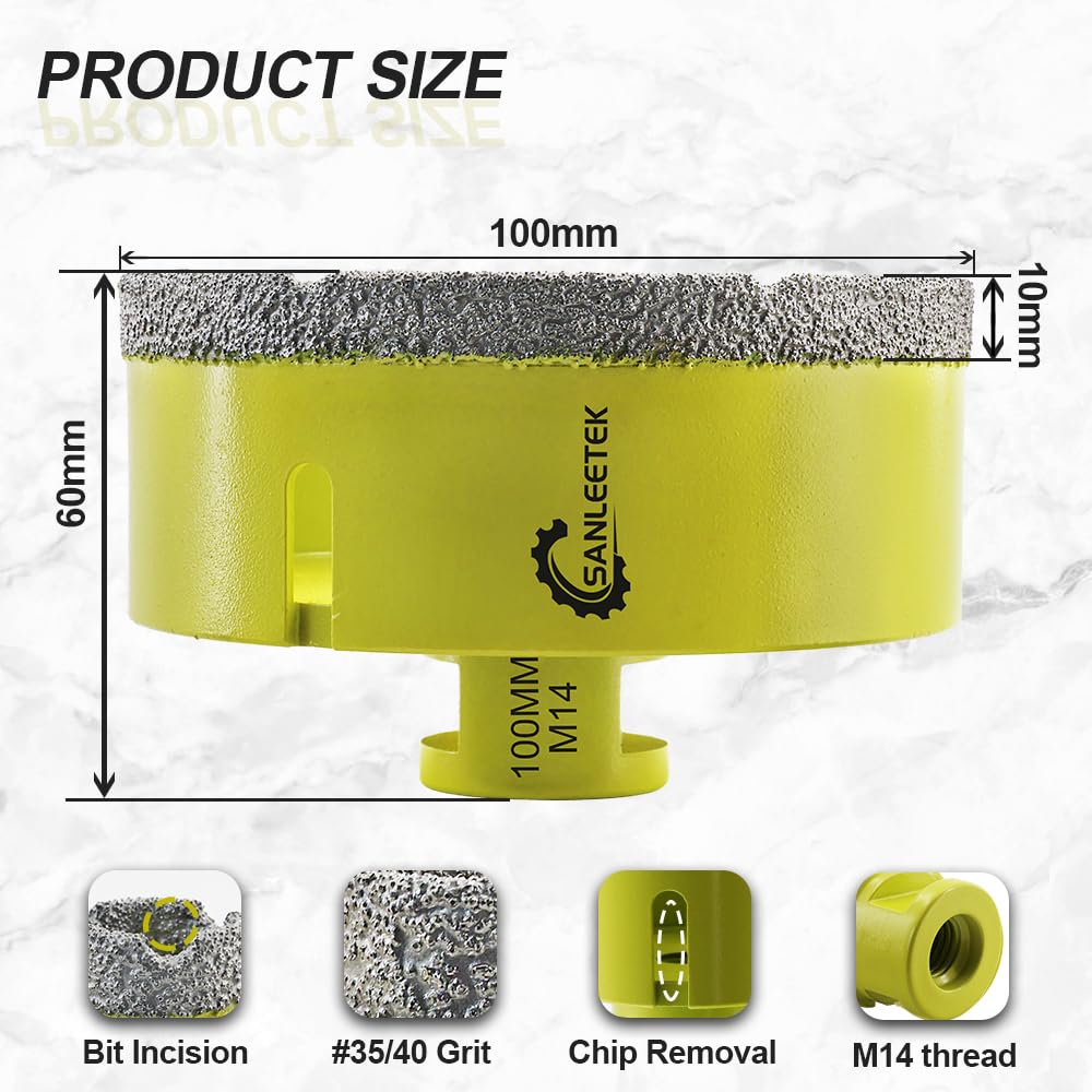 Foret Diamant Carrelage 100mm SANLEETEK Brasé Sous Vide Scie Cloche Diamant pour Céramique Porcelaine Marbre Granit Perçage à Sec M14 Filetage