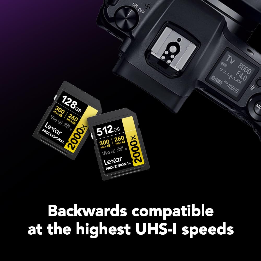 Lexar 512GB Professional 2000x SDXC Memory Card, UHS-II, C10, U3, V90, Full-HD & 8K Video, Up to 300MB/s Read, for DSLR, Cinema-Quality Video Cameras (LSD2000512G-RNNNU)