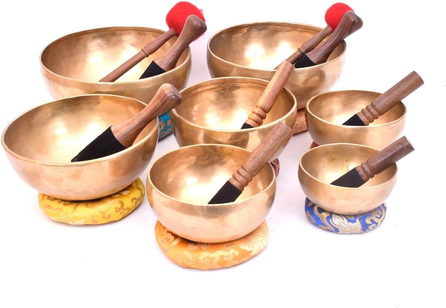 Set of 7 pieces ~ Hand Hammered Yoga Meditation Bowls 5"-10" included 7 Mallets, 7 cushions & 1 drum stick.