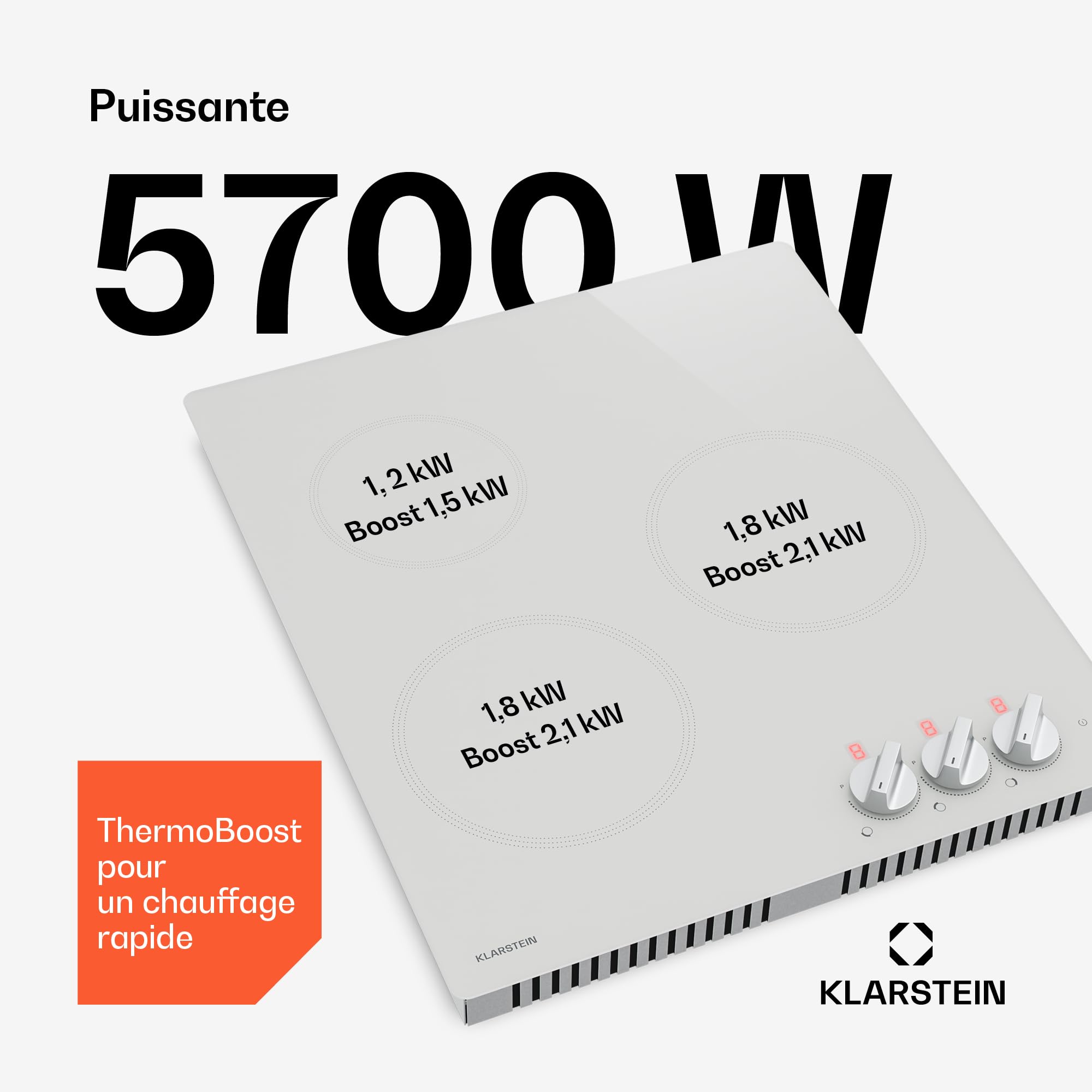 Klarstein Kochheld Placa Induccion 3 Fuegos - 5700W Boost, 3 Zonas, Mando Giratorio, Indicador Calor Residual, Protección Sobrecalentamiento, Vitrocerámica 45cm, Placa de Inducción, Blanco