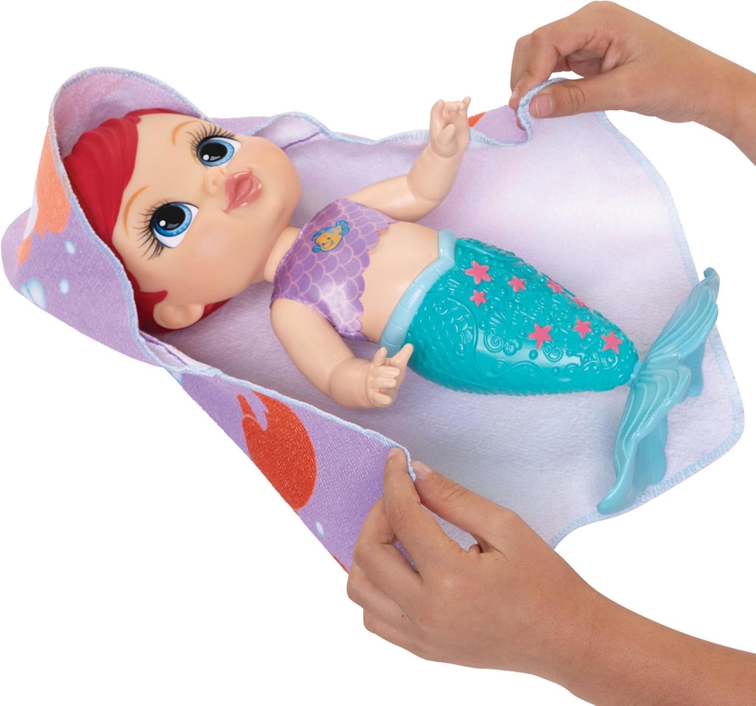 Bambola Ariel Principessa Disney per il bagnetto, 30 cm / 12", Jakks Pacific, cambia colore ad attivazione d'acqua, include spruzzini d'acqua a forma di platessa e medusa, asciugamano Sebastian