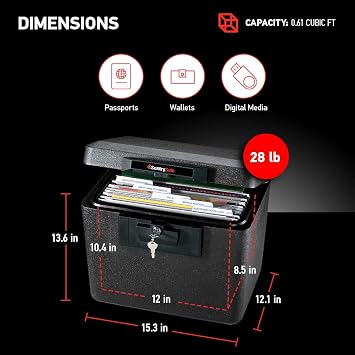 SentrySafe Black Fireproof Document Box with Key Lock, Safe Secures Files and Documents for Home or Office, 0.61 Cubic Feet, 13.6 x 15.3 x 12.1 inches, 1170 | Fire Resistant Document Box With Key Lock Security, Protects Important Files and Documents For Home Or Office, Secure Box