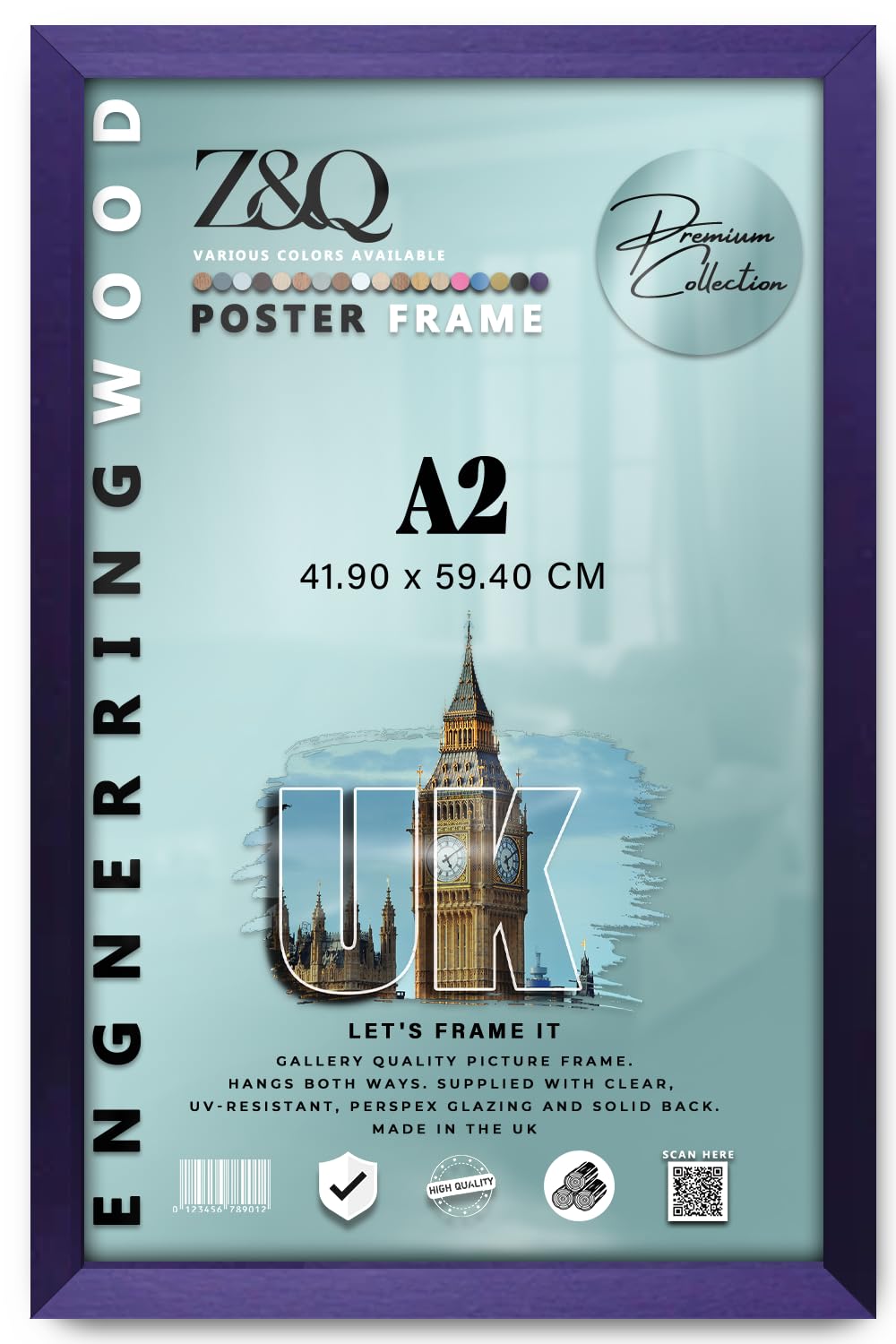 Z&Q - Sleek Eton Wood Finish A2 (41.90 x 59.40 CM) Poster Frame | Portrait/Landscape Display 23 x 16 Inch Perfect for Room Interior, Wall Décor [ Purple ]