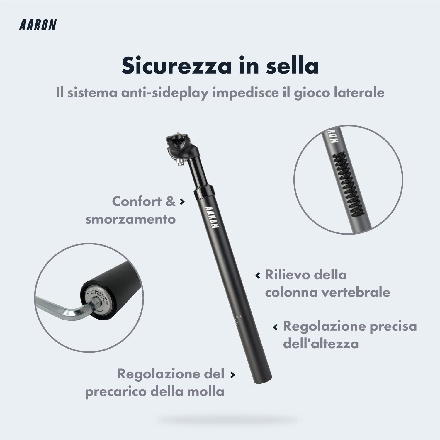 AARON Spring - Reggisella ammortizzato in Alluminio - Diametro 27,2 mm - Lunghezza 350 mm - per Bici elettrica, MTB, da Trekking, City Bike, ECC. - Nero