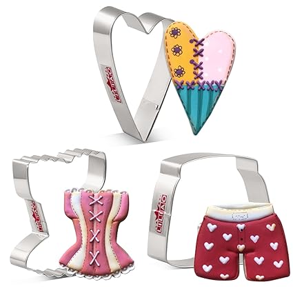 LILIAO Valentines Day Cookie Cutter Set, 3-pc, Dress, Shorts, Mini Heart Biscuit Cutters, Stainless Steel, by J.Cookies