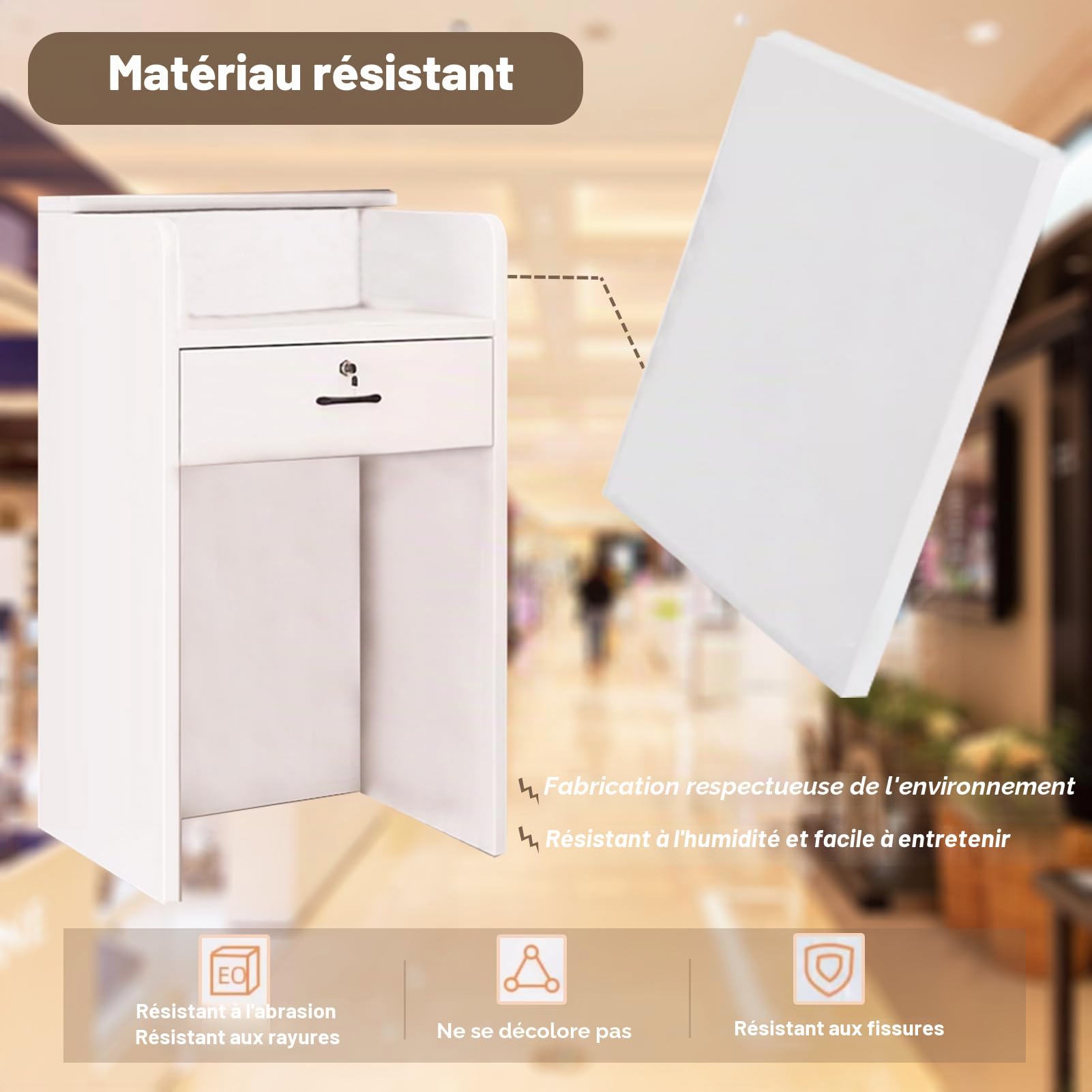 Petit comptoir de réception avec lumière LED, comptoir Moderne avec tiroir verrouillable, de Caisse Blanc pour Magasin de vêtements, Hall, Salon de beauté (Blanc, 60 x 40 x 96 cm)