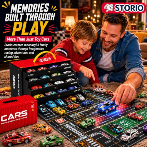 Image of Storio 48 Pull Back Toy Cars Set for Kids with Storage Container & Play Mat, Metal Mini Race Cars, Car Carrier Organizer Box, Party Favors for Boys Girls Age 3-8 Years