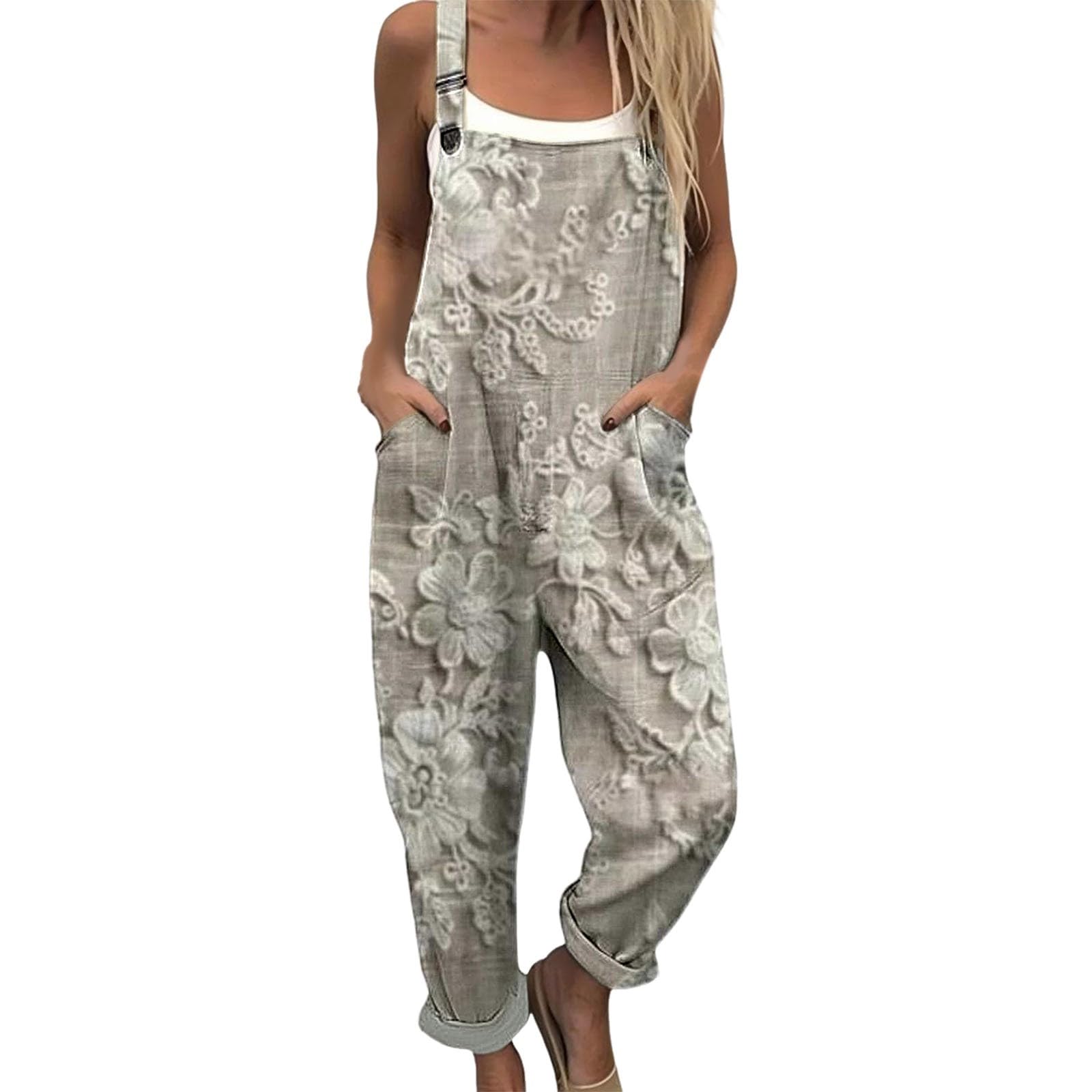Generico Salopette Donna Estiva Lunga Elegante Tuta Jumpsuit Intera Curvy Casual Moda Stampa Jumpsuits Comoda Larga Pantaloni Da Lavoro Con Tasca Leggera Baggy, Salopettes da Casa Playsuit Spiaggia