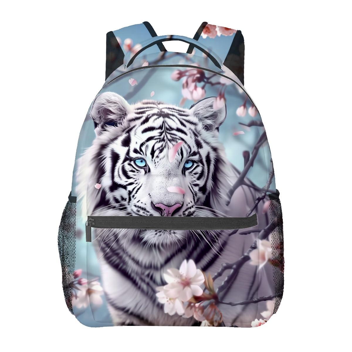 MIEPOS White Tiger Backpack,Cherry Blossom Polyester Backpacks,Lightweight Double Shoulder Back Pack for Kids Teens,Cool Animal Bookbag,School Bag
