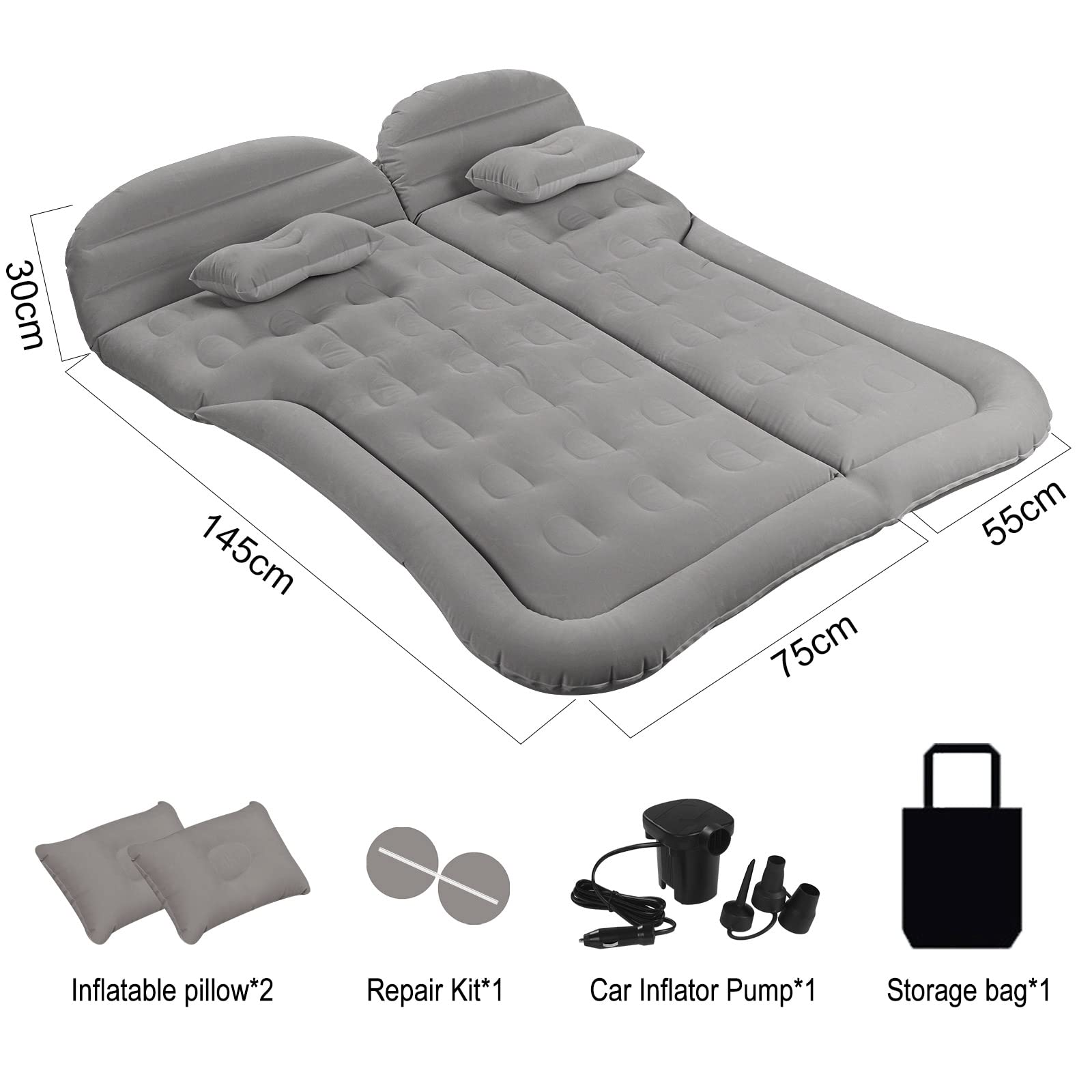 Materasso Auto, 175 * 130cm Materasso ad Aria SUV con Pompa ad Aria e 2 Cuscini, Materassino ad Aria Gonfiabile per Auto Ispessito Floccato per Viaggi, Campeggio (Grigio)