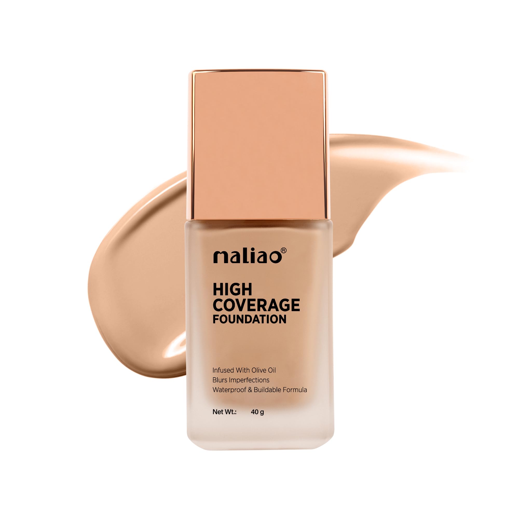 Maliao High Coverage Waterproof Base Foundation | Long-Lasting Full Coverage | Flawless All-Day Glam | Matte Finish | Sweat & Oil Resistant | Lightweight & Breathable Formula | Natural Beige, 40ml