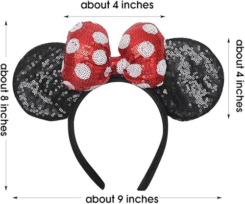 Miniatura 4 de JIAHANG Orejas de ratón 3D con lazo de lentejuelas con diadema de lunares, diadema ancha de terciopelo, decoración de fiesta, disfraces, accesorios