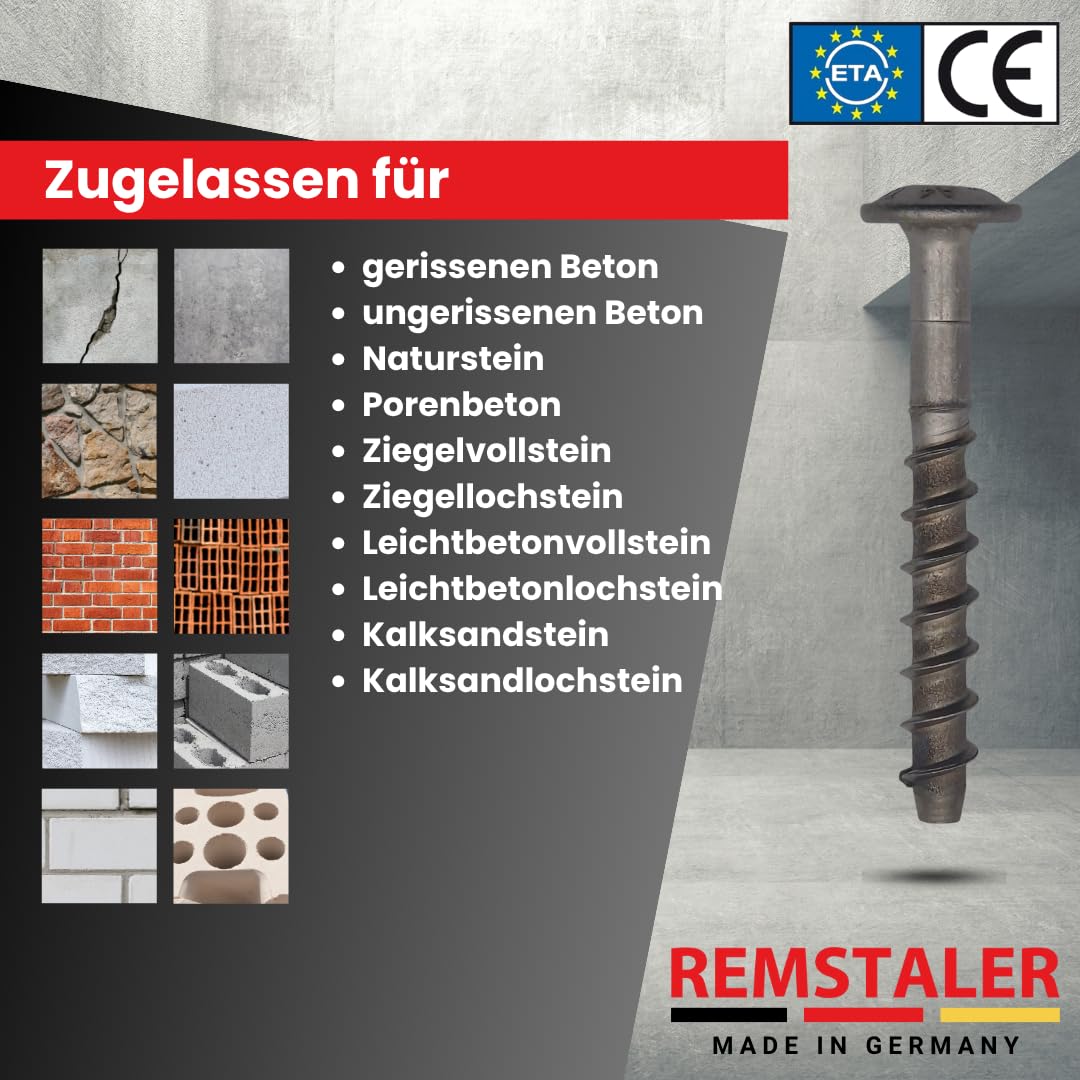 100x Remstaler BETONSCHRAUBE Linsenkopf mit Torx-Antrieb | EDELSTAHL A4 | ETA Zulassung | made in GERMANY | Betonschrauben (6x100)
