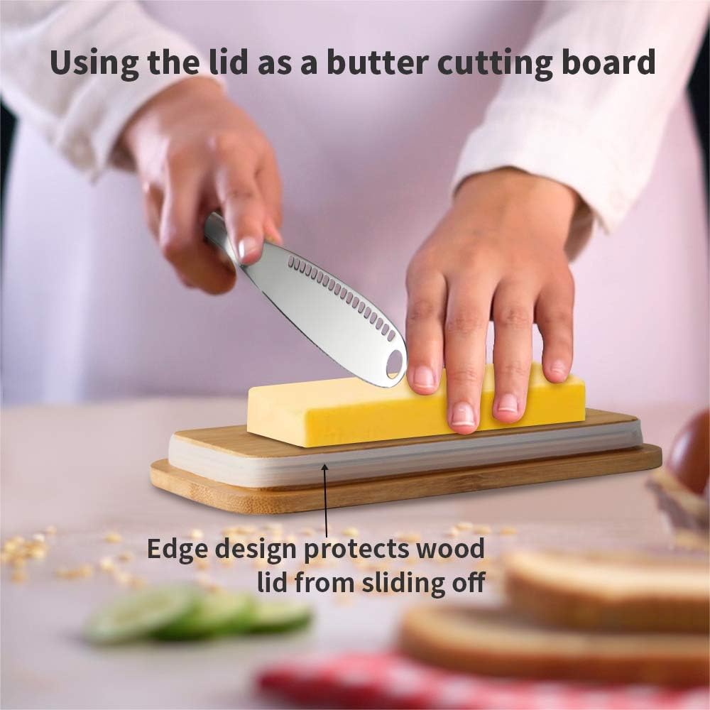 Ceramic Butter Dish, Porcelain Butter Container with Oak Lid and Steel Knife, Perfect for 2 Sticks of Butter, White