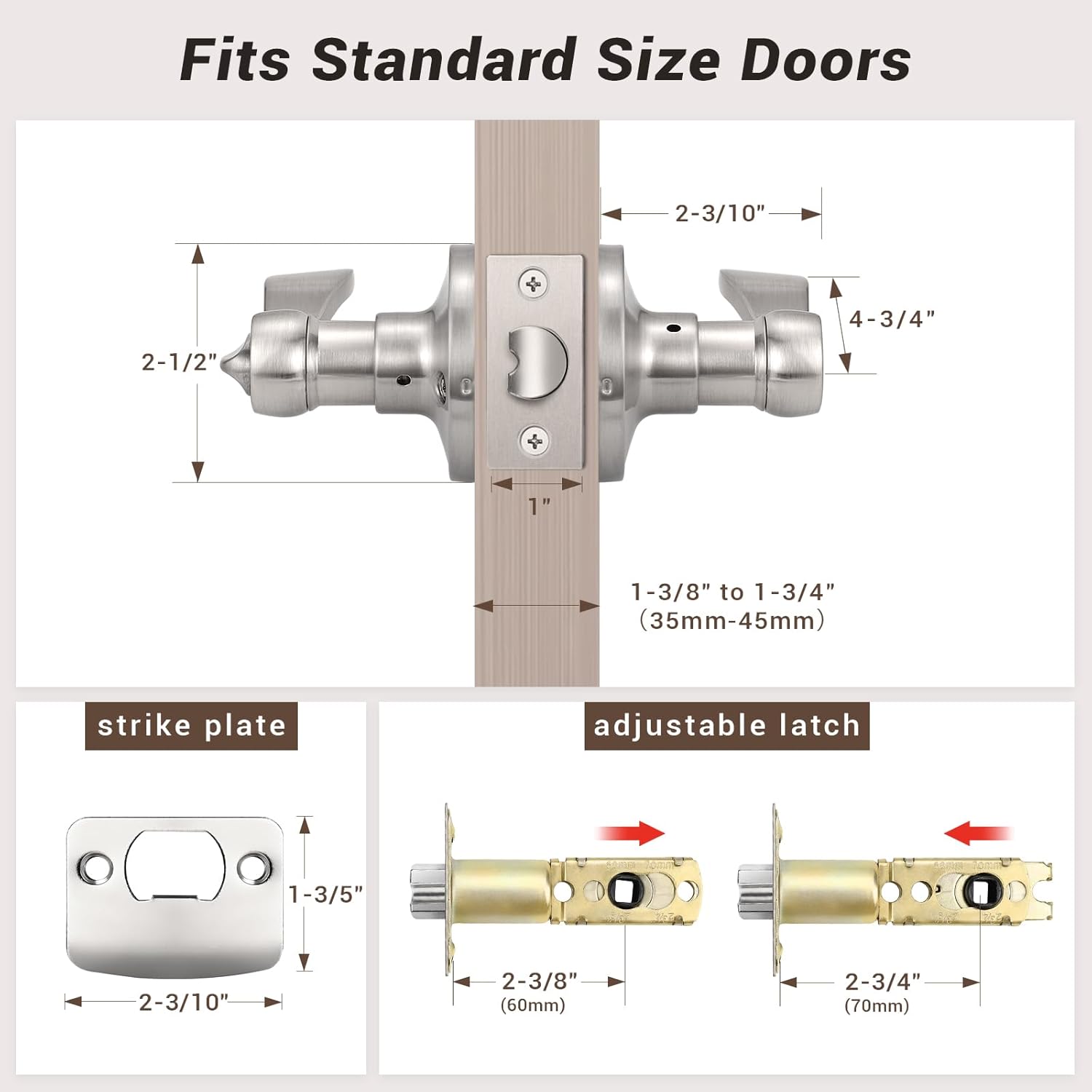 Knobonly 6 Pack Satin Nickel Privacy Door Levers Interior Door Handles for Bedroom and Bathroom Door Knobs Keyless Privacy Door Handles with Lock, Zinc Alloy Reversible for Right/Left