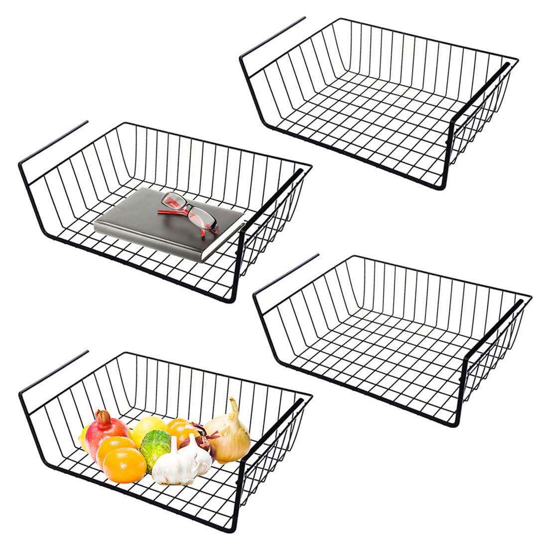 Under Shelf Storage Basket, Hanging Shelf Basket Slides Under Shelves for Storage Metal Under Cabinet Shelf Basket Organizer for Kitchen Pantry Desk Bookshelf (Black Pack of 4)