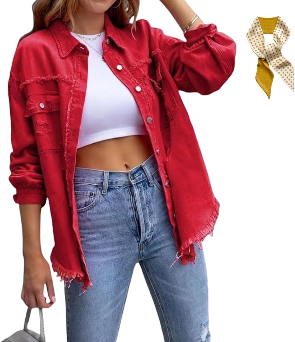 Womens Oversized Ripped Denim Jacket,Distressed Button Down Jean Shirt,Long Sleeve Boyfriend Lightweight Coat with Pocket