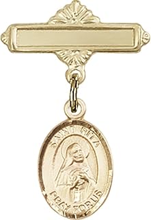 Gold Filled Baby Badge with St. Rita of Cascia Charm and Polished Badge Pin 1 X 5/8 inches